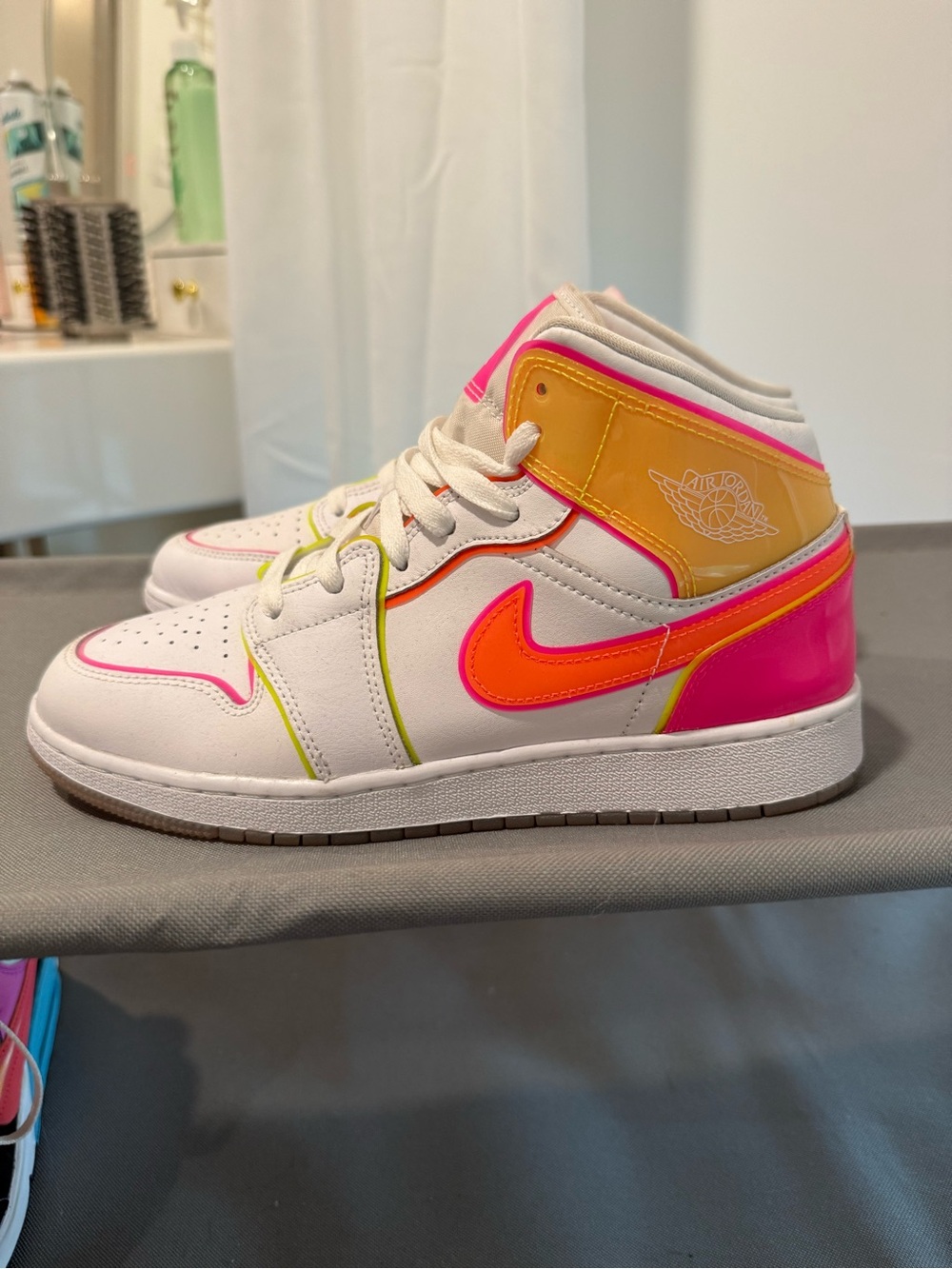 Nike Air Jordan 1 Mid White with Neon Pink, Orange & Yellow Accents